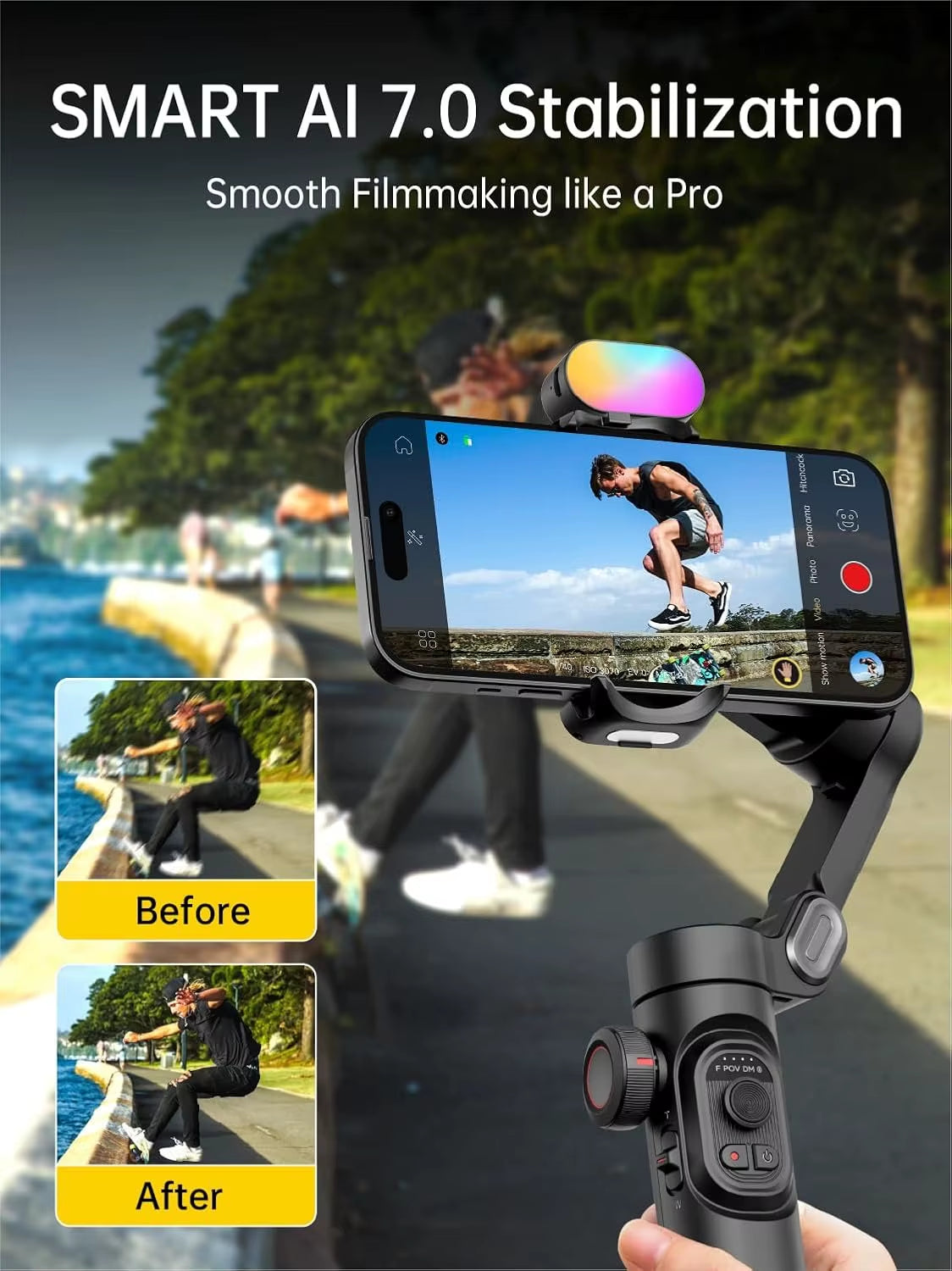 AOCHUAN 3-Axis Handheld Gimbal Stabilizer for Smartphone with Fill Light for Iphone Android Face Tracking Tiktok Vlog Smart XE