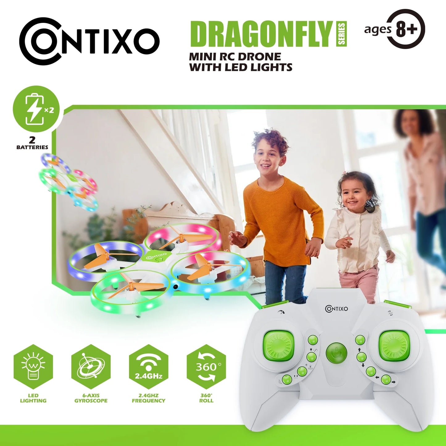 Dragonfly Mini Drone for Kids, Auto Takeoff, Altitude Hold, 360° Stunts, LED Lights, 16-Min Flight - Green