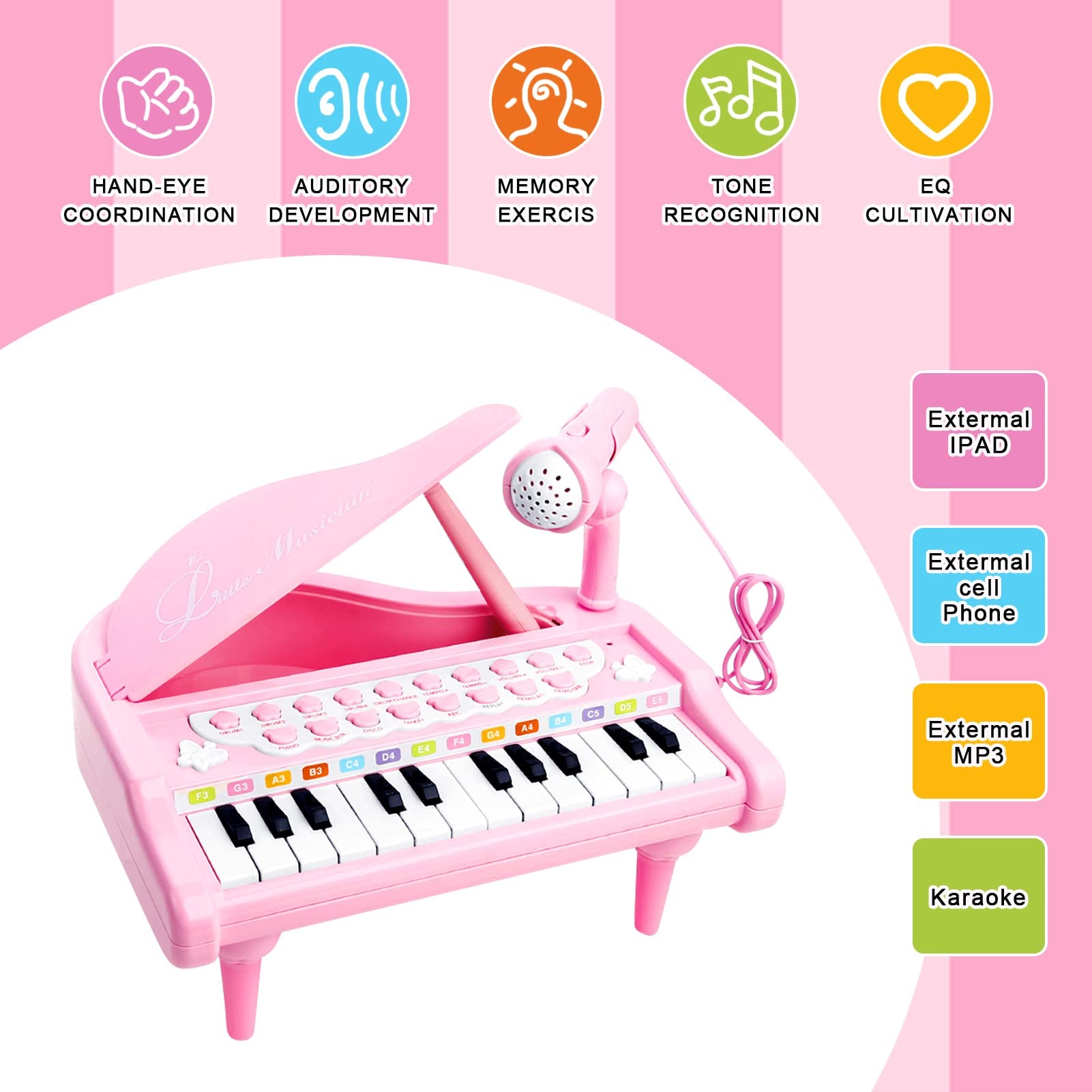 Pink Piano Toys for 1+Year Old Girls First Birthday Gifts Toddler Piano Music Toy Instruments with 24 Keys and Microph