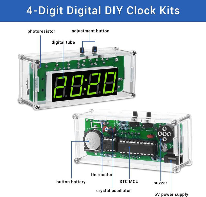 4-Digit DIY Digital Kit with Acrylic Shell, Electronics Alarm Soldering Practice Kit for Students and Diyers, DIY Soldering Project Kit for School Learning and Home Office Use Soldering Soldering Kit