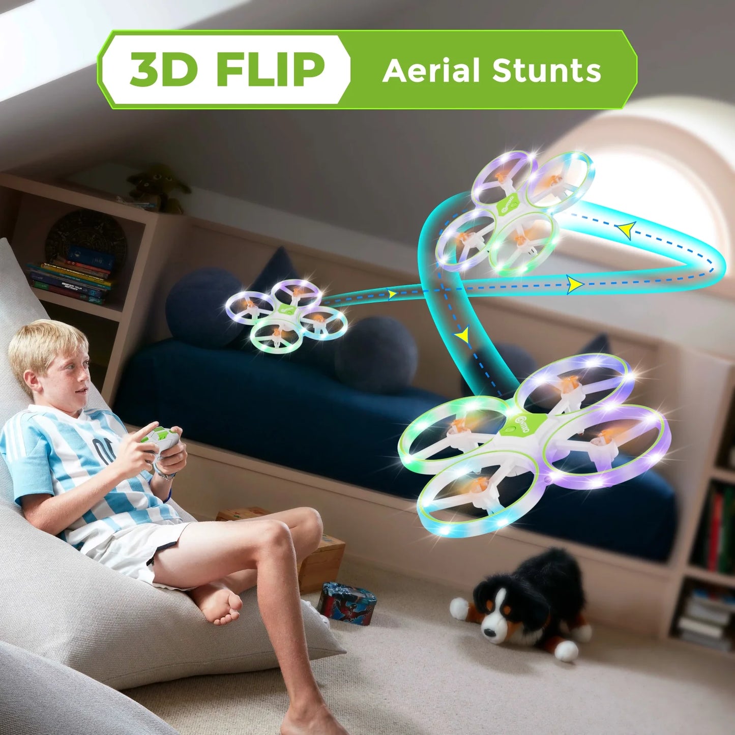 Dragonfly Mini Drone for Kids, Auto Takeoff, Altitude Hold, 360° Stunts, LED Lights, 16-Min Flight - Green