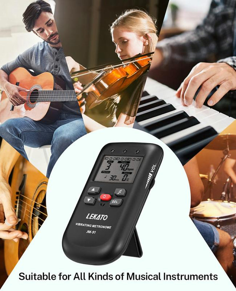 LEKATO JM-91 Vibrating Metronome, for Piano Guitar Drum Ukulele, Practice Electronic Digital Metronome, with Timer, Counts by Male/Female Vocal, Back to School