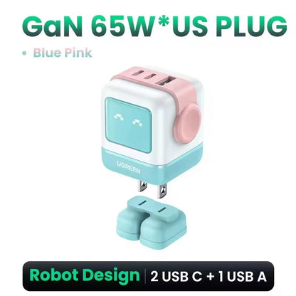 New！ 65W Gan Charger Robot Design Quick Charge 4.0 3.0 PPS for Iphone 16 15 14 Pro Macbook Laptop Tablet PD Fast Charger